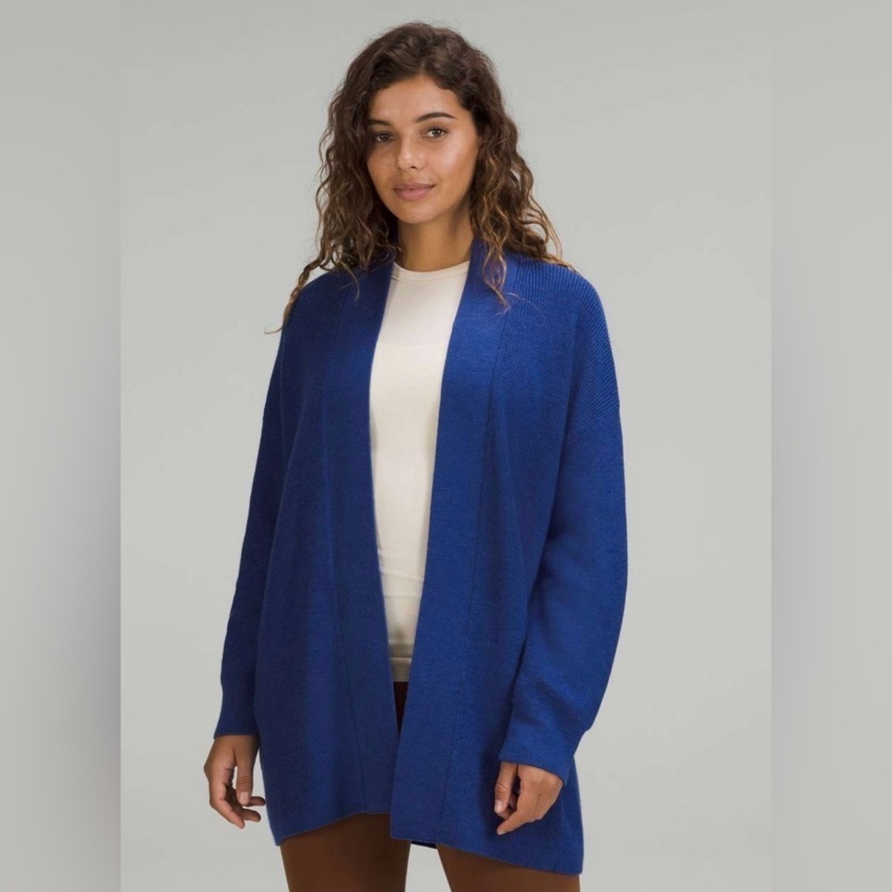 Lululemon Merino Wool-Blend Ribbed Long Wrap Sweater in Heathered Psychic